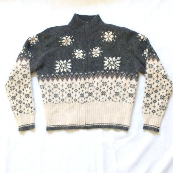 Valerie Stevens L Lambswool Angora Full Zip Cardigan Snowflake Fair Isle Holiday - Picture 7 of 16